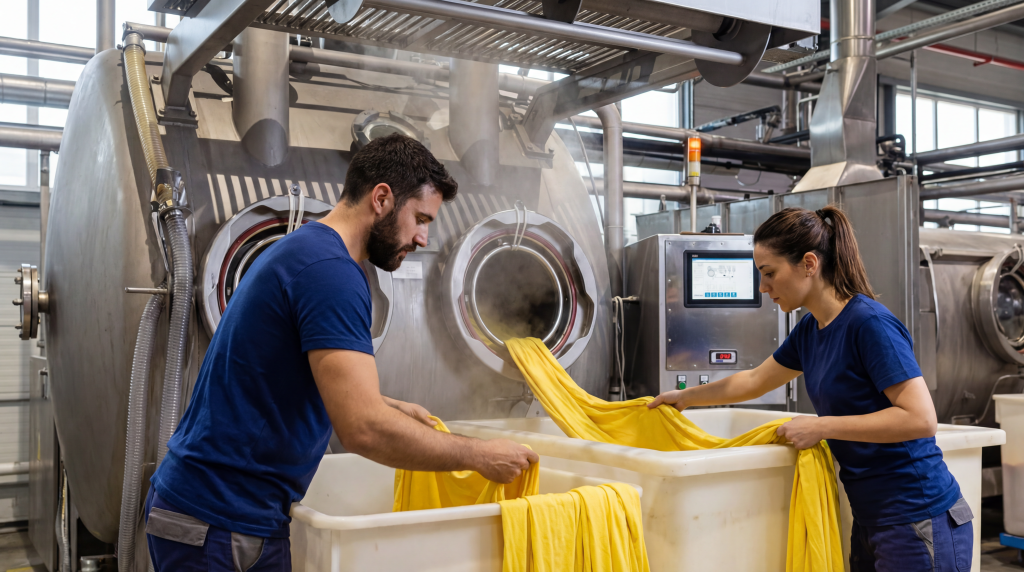 Two operators work on a dyeing machine unloading fabric.
